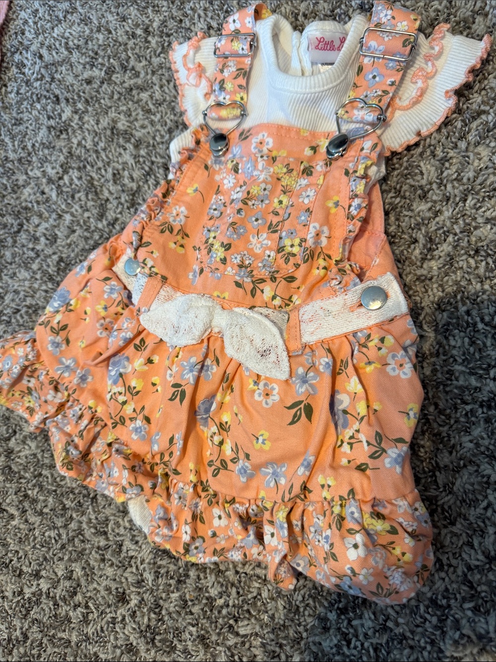 Little Lass Peach Floral Ruffle Overall Dress with Lace Bow